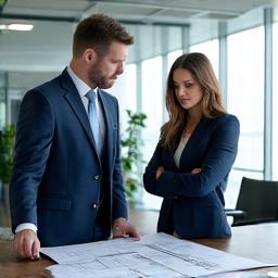 Two professionals in a meeting reviewing blueprints.