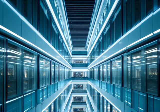 Sleek linear lights illuminating a multi-story corporate office atrium.